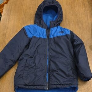 The North Face Kids Navy and Bright Blue Hooded Puffer Jacket